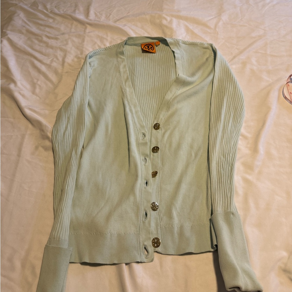Tory Burch Mint Cardigan with Ribbed Texture